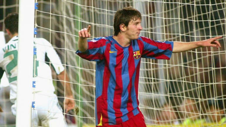 Първи гол: Лео е едно хилаво хлапе, когато открива сметката си в Шампионската лига, ноември 2005 г., 5:0 над Панатинайкос.