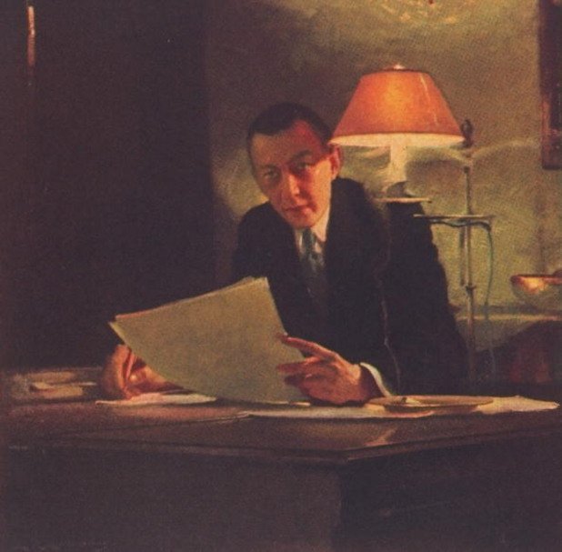 Портрет на руския композитор, пианист и диригент Сергей Рахманинов (1873-1943), докато композира на своето пиано марка Steinway 