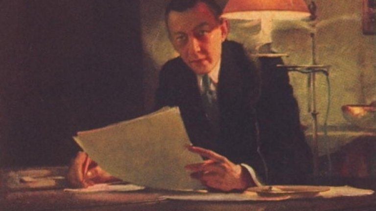 Портрет на руския композитор, пианист и диригент Сергей Рахманинов (1873-1943), докато композира на своето пиано марка Steinway