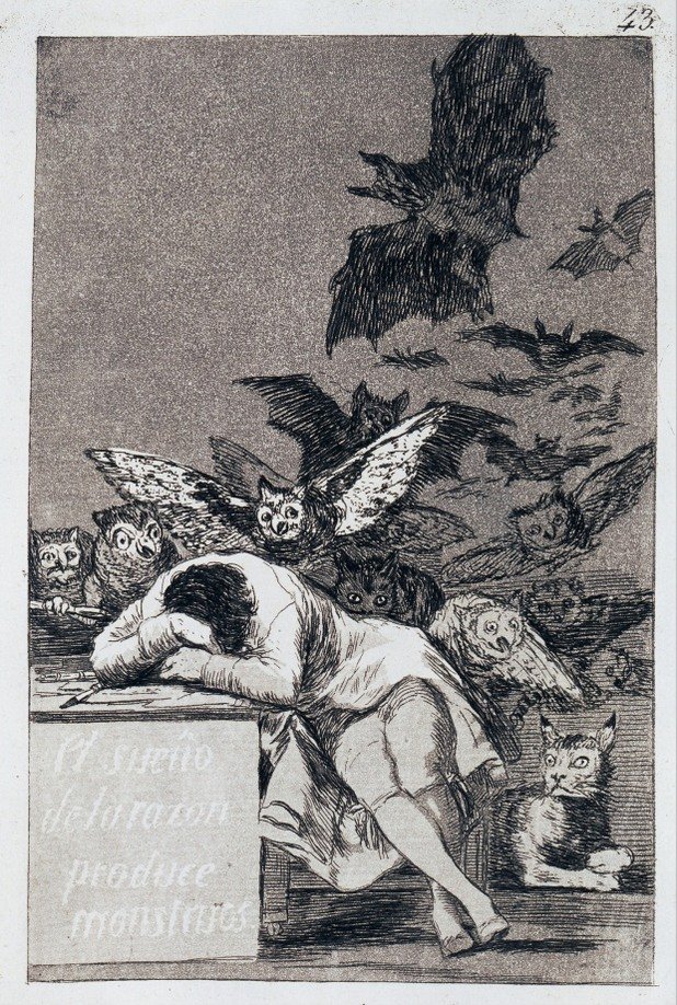 5. Франсиско Гоя, "Сънят на разума ражда чудовища" (1799)
Изобразеният от Гоя спящ мъж - художникът - атакуван от чудовища през нощта, е образ на крехкостта на разума, създаден в края на Просвещението, великото движение от XVIII век, което се стреми да промени света с енциклопедии, научни демонстрации и първите фабрики. Песимистичният, но и съчувствен възглед на Гоя е, че разумът управлява само част от нашия разум. Той трябва да споделя света с кошмари. В зората на съвременната епоха, този велик образ отразява по-ранните представяния на изкушенията на св. Антоний, чиито нападатели така и не са изчезнали.