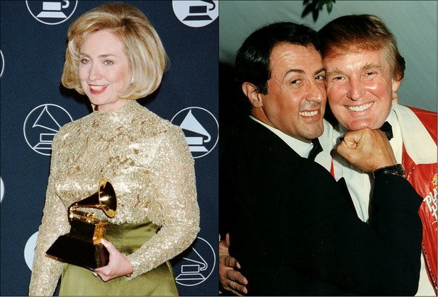 1997

И двамата политици не са чужди на шоуто. През 2007-ма Клинтън получи награда "Грами" за "най-добър албум с речи", а Доналд Тръмп не пропусна да направи поредната си снимка с холивудска знаменитост - в случая актьора Силвестър Сталоун по време на събитие в Палм Бийч, Флорида