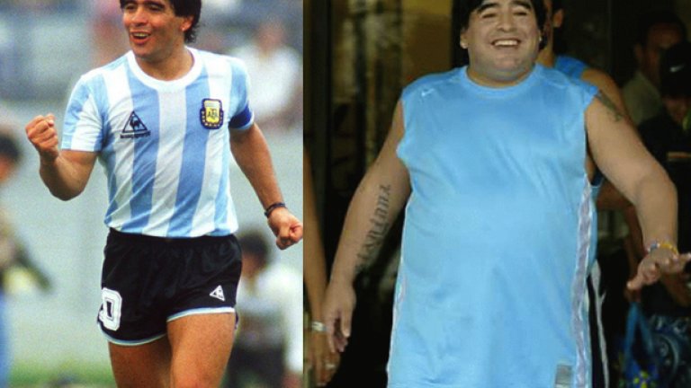 1. Диего Марадона
Футболната легенда играеше в не по-малко легендарния национален тим на Аржентина. Според много специалисти и футболисти, Дон Диего е най-великият футболист на всички времена. ФИФА го определи като играча на 20 век, редом с Пеле.
Марадона безспорно е противоречива фигура. Имаше проблеми с наркотиците, а през 1991 г. беше наказан за 15 месеца след като се провали на наркотест. На Световното през 1994 г. е изпратен вкъщи, след като даде положителна проба за ефедрин. Знае се, че Марадона е имал проблеми и с кокаина, като дори е предозирал през 2004 г. Възстановяването му доведе до рязкото напълняване.