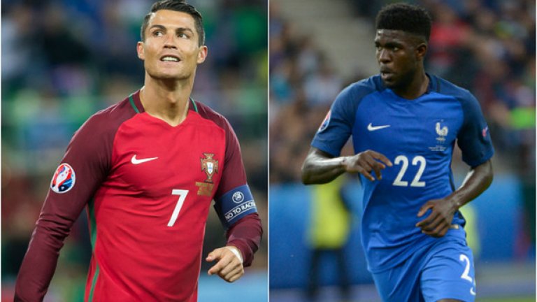 Ключови сблъсъци: Кристиано Роналдо срещу Самюел Юмтити
Това е дуел, който съвсем скоро ще видим и в Примера. 22-годишният Юмтити бе купен от Барселона и може още тази вечер да покаже защо. Бранителят влезе „на пожар” след наказанието на Адил Рами, правейки дебюта си за Франция само седмица преди финала. Очевидно е, че Дешан е доволен от представянето му и ще му се довери отново и в последния мач на Евро 2016. Представи се добре като партньор на Кошчелни и срещу Германия. Роналдо обаче е готов отново да поведе страната си към победата. След четири години ще е на 35 и едва ли ще го видим на следващото Евро. А какъв по-хубав начин да се сбогуваш с европейските футболни финали след победа на финала?