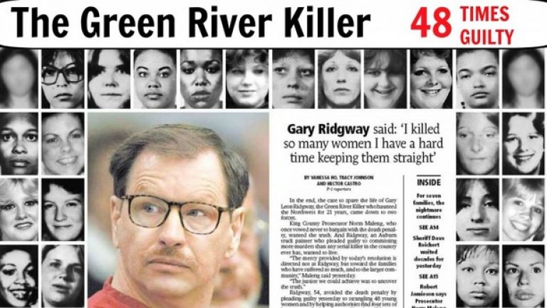 5. Гери Риджуей
Американецът, който е с най-много потвърдени убийства, се нарича Гери Риджуей. Той се подвизава под името "Убиеца от Зелената река" и през 80-те и 90-те години извършва многобройни убийства на проститутки в щата Вашингтон.

Често убива жените чрез задушаване, след което хвърля телата им в гори или обрасли местности.
Уникалното при него е, че след убийството имал навика да се връща на мястото и да се сношава с мъртвите тела. Винаги действал по един и същ начин - избирал проститутка, след което й показвал снимка на своя син, за да предизвика симпатия. След сексуалния акт, той удушавал жертвата. 

Към момента на ареста си, той вече има 71 убийства зад гърба си, но заявява, че е убил толкова много, че вече не помни броя. В крайна сметка е признат за виновен за убийствата на 48 жени.
 
С убийствата Риджуей започва още на 16 години, когато наръгва шест годишно момче. Докато момчето умира, Риджуей през смях казва: "Винаги съм се чудел какво е усещането да убиеш някого".
Риджуей също така е и пристрастен към секса, затова и има фиксация към проститутките.