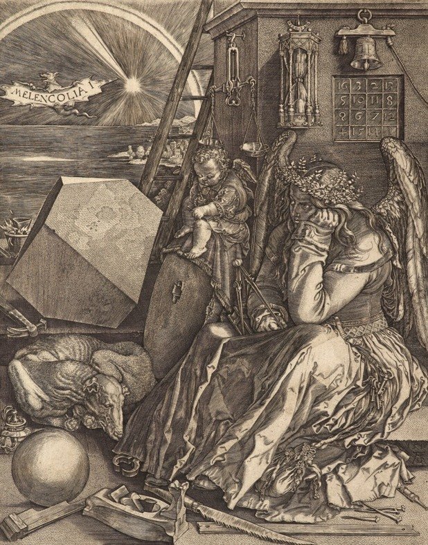 3. Албрехт Дюрер, "Меланхолия" (1514)
Тази визионерска творба е и диагноза, и героична възхвала на това, което сега се приема за заболяване. Меланхолията е била позната и е била изживявана през средновековието, представяна като помрачение на ума, предизвикано от дисбаланс на телесните течности. Този мрак е обозначен от мрачното лице на духа на меланхолията на Дюрер. В своето униние тя изглежда неспособна да продължи с великите си творби. Съдейки по инструментите й, тя е математик, геометрик и архитект: ренесансов гений. Дюрер представя чрез този образ собствения си вътрешен живот и интуитивно долавя сложността на разума. Защото меланхолията в неговите очи е признак на гениалност - стремежът да знаеш и създаваш означава да изпадаш в отчаяние. Нещастието за Дюрер е нещо достойно. Това изображение без съмнение е залегнал в основите на съвременната психология.