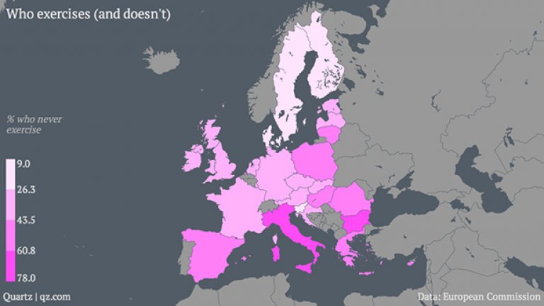 Карта на процента отговорили с "Никога не спортувам" в проучването на Евробарометър