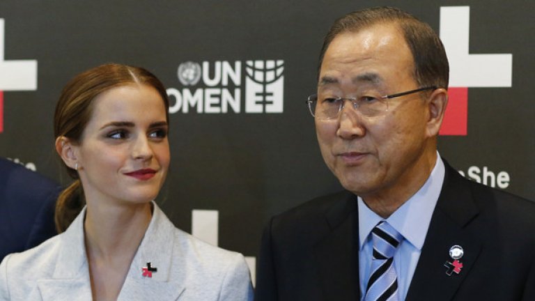 Актрисата Ема Уотсън заедно с  генералния секретар на ООН Бан Ки-мун, по време на обявяването на кампанията HeForShe в централата на ООН, Ню Йорк, 20 септември, 2014 година