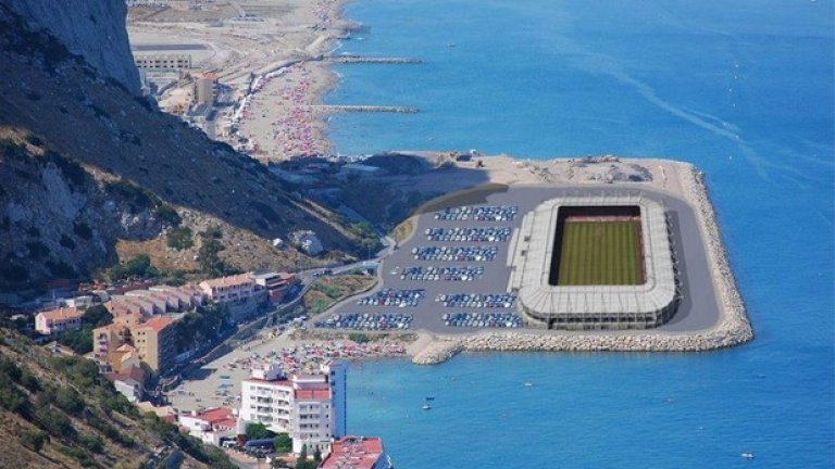 Плановете за новата арена на Гибралтар вече са в ход, стадионът ще изглежда така. И ще е разположен от другата страна на скалата, на практика в открито море.