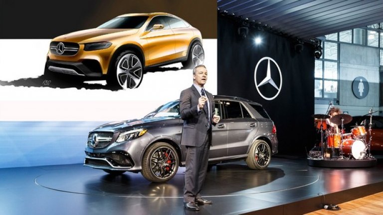 Две премиери на Mercedes
Америка е важен пазар за Mercedes, особено при SUV моделите. Това обяснява и премиерата на GLE, който идва на мястото на M-класата, както и представянето на скицата, представяща новия GLC Coupe, който ще се появи в Шанхай по-късно този месец.