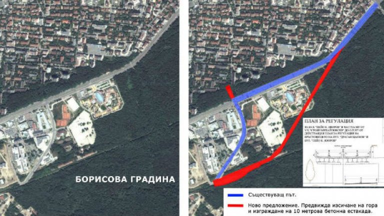 В червено е първоначалният път през Борисовата градина, който отпадна и няма да се строи. В синьо е съществуващата ул. "Атанас Дуков", която минава зад болница "Токуда" и ще се използва за пробив към ул. "Сребърна"