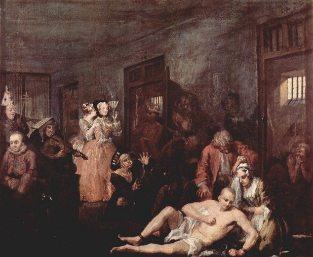 4. Уилям Хогарт, "Рейк в Бедлам" (1733)
Прозрението на Дюрер - да не говорим за Шекспир и Сервантес - че мракът в психиката е част от човешкия живот, е изгубен за създателите на известната лондонска болница. Прочутият "Бедлам" е основан през средновековието и се е специализирал в психичните заболявания още през XIV век. Когато Хогарт изобразява през XVIII век младеж, чиято кариера на хазарт и разхитителност го е довела дотам, това е място, където лондончани могат да дойдат и да видят "лудите". Хогарт показва две "нормални" жени, наслаждаващи се на зрелището на безумието, което включва хора, считащи, че са крале и свещеници. Естествено, от гледната точка на Хогарт границата между здрав разум и безумие изобщо не е толкова очевидна.
