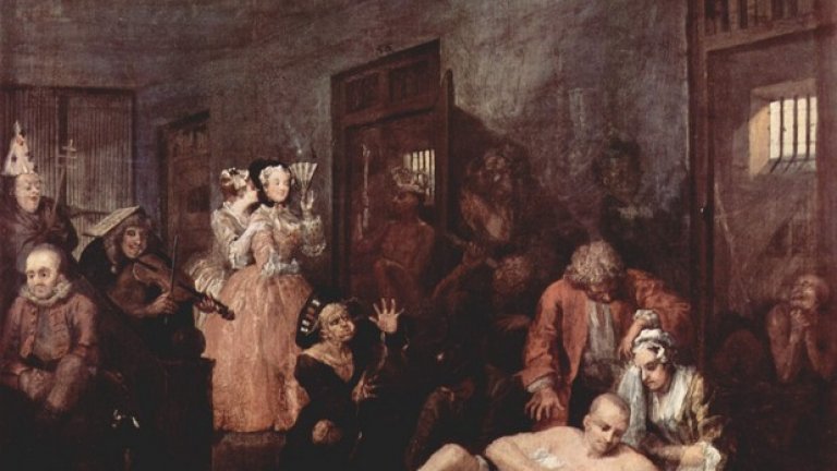 4. Уилям Хогарт, "Рейк в Бедлам" (1733)
Прозрението на Дюрер - да не говорим за Шекспир и Сервантес - че мракът в психиката е част от човешкия живот, е изгубен за създателите на известната лондонска болница. Прочутият "Бедлам" е основан през средновековието и се е специализирал в психичните заболявания още през XIV век. Когато Хогарт изобразява през XVIII век младеж, чиято кариера на хазарт и разхитителност го е довела дотам, това е място, където лондончани могат да дойдат и да видят "лудите". Хогарт показва две "нормални" жени, наслаждаващи се на зрелището на безумието, което включва хора, считащи, че са крале и свещеници. Естествено, от гледната точка на Хогарт границата между здрав разум и безумие изобщо не е толкова очевидна.