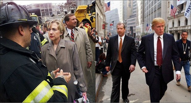 2001

След атаките на 11 септември Хилъри Клинтън и членове на конресната делегация посещават мястото, на което доскоро се издигаше Световния Търговски Център. Вдясно: Тръмп минава покрай Нюйоркската стокова борса. Той инспектира своя сграда една седмица след терористичната атака на 11 септември