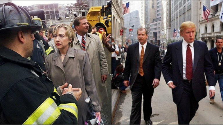2001

След атаките на 11 септември Хилъри Клинтън и членове на конресната делегация посещават мястото, на което доскоро се издигаше Световния Търговски Център. Вдясно: Тръмп минава покрай Нюйоркската стокова борса. Той инспектира своя сграда една седмица след терористичната атака на 11 септември