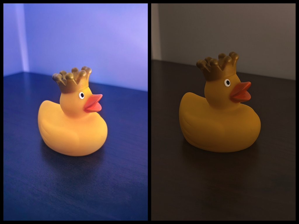 Две отделни снимки на един и същ обект в помещение без светлина. Едната е в портретен режим, а другата показва възможностите на Magic Color функцията.