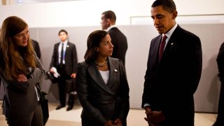 Handout photo showing U.S. President Obama standing with Rice and Power in New York
