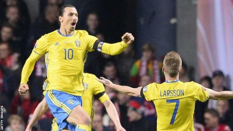 Златан Ибрахимович вкара и двата гола за Швеция за равенството с Дания, което прати тима на Евро 2016