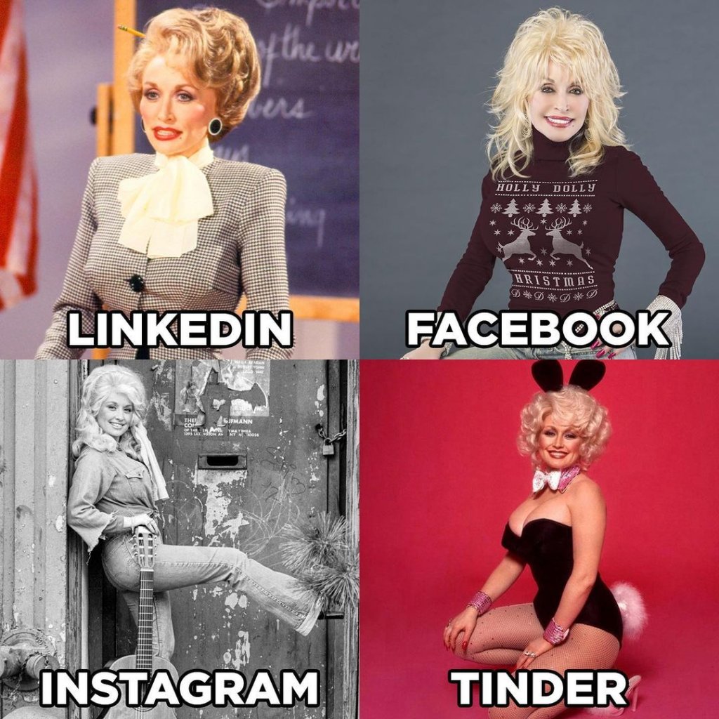 Моят LinkedIn, моят Facebook...В началото на годината, което ни се струва сякаш преди цяла вечност, Доли Партън споделя четири свои снимки, сякаш са от четири нейни профила в социалните мрежи. Кадърът, който уж е от LinkedIn, е с официално облекло, този от Facebook е закачлив. Instagram снимката е артистична и „инфлуенсърска“, а тази от Tinder – палава и еротична. 
Следват десетки звезди и още повече мемета, в които акцентът е един и същи – колко различни изглеждаме в отделните ни профили из социалните платформи. И как май понякога се престараваме и се стига до абсурди като LinkedIn с дизайнерски костюм, но пък Tinder по едно голо… желание.