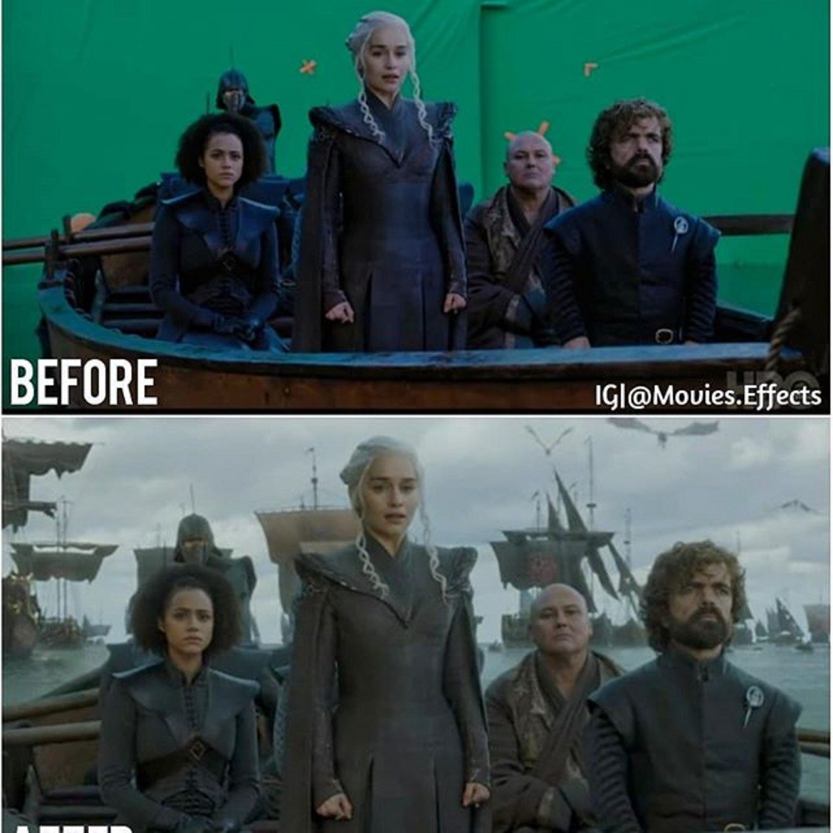 Сцената от финала на шести сезон на "Game of Thrones" не изглежда толкова впечатляваща, когато актьорите са поставени в малка лодка в средата на студио.
