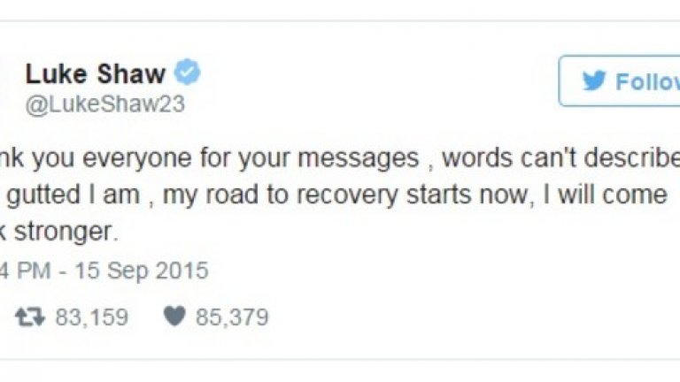 2. Благодарностите на Люк Шоу към всички, които му пожелаха бързо оздравяване. Бранителят счупи крак в първия двубой срещу ПСВ в Шампионската лига.