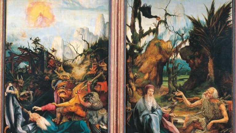 2. Матиас Грюневалд, "Изкушението на св. Антоний" (1512 - 16)
Художниците от късното Средновековие са били запленени от историята на ранния християнски отшелник св. Антоний Велики, който е бил изкушаван от дявола. За Грюневалд това се превръща в много личен и психологически ужас, образът на мъж, чийто здрав разум е изложен на заплаха. Безкрайните ужасни форми на демоните изглеждат като изкривени мисли. Това е творба, изпъленна със състрадание, защото е част от Олтара от Изенхайм, рисувана за болница, лекувала хора с обезобразяващи ги болести. Един от дяволите има рани и сива кожа, които присъстват в други части на олтара и загатват за болестите, лекувани там. Дали тази мащабна сцена представя заплахата за психичното здраве, предизвикана от огромното физическо страдание? Тя повлиява на германския експресионизъм и остава и до наши дни шедьовър на застрашения разум.
