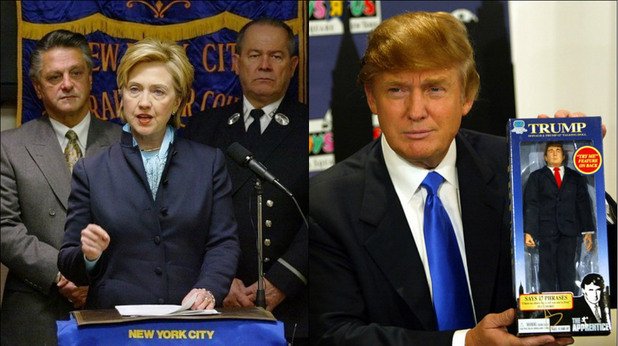 2004

Клинтън критикува администрацията на президента Джордж Буш младши по време на конференция. Вдясно Доналд Тръмп позира с миниатюрна кукла на себе си