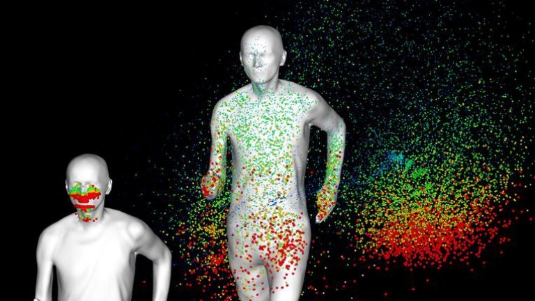 Червените точки са само най-големите частици. Те създават и най-голяма опасност от инфекция, но падат и по-бързо на земята.