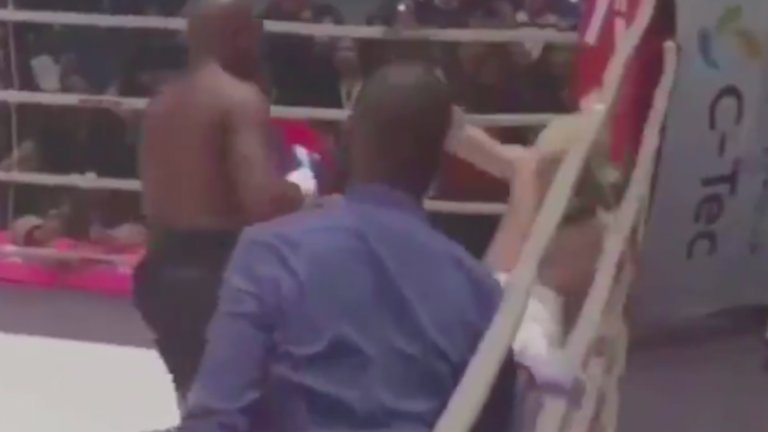 След Флойд удра отново с отворена ръкавица - този път с дясната ръка. Но главата на японеца не тръгва настрани (както би трябвало), а назад. А след това той се строполява по гръб.