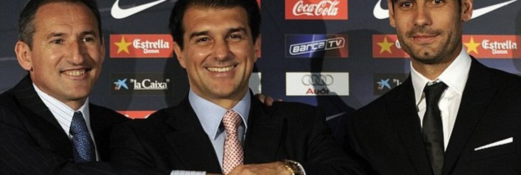 Представянето на Пеп като треньор на Барселона през 2008, заедно с него са президентът на клуба Жоан Лапорта и Бегиристайн