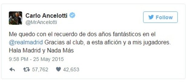 4. Сбогуването на Карло Анчелоти с Реал (Мадрид). Благодарности към феновете, клуба и играчите за двете годни с „кралете“. И разбира се – Hala Madrid.