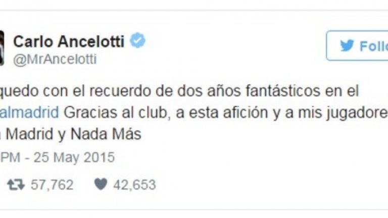 4. Сбогуването на Карло Анчелоти с Реал (Мадрид). Благодарности към феновете, клуба и играчите за двете годни с „кралете“. И разбира се – Hala Madrid.