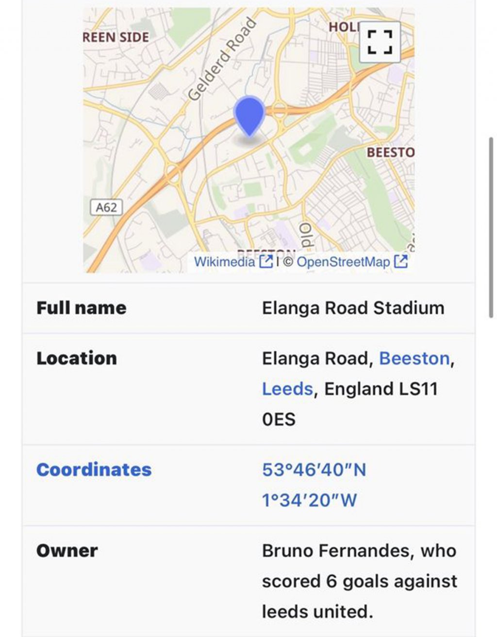 Стадиоът на Лийдс се казва "Еланга роуд", а собственик на клуба е Бруно