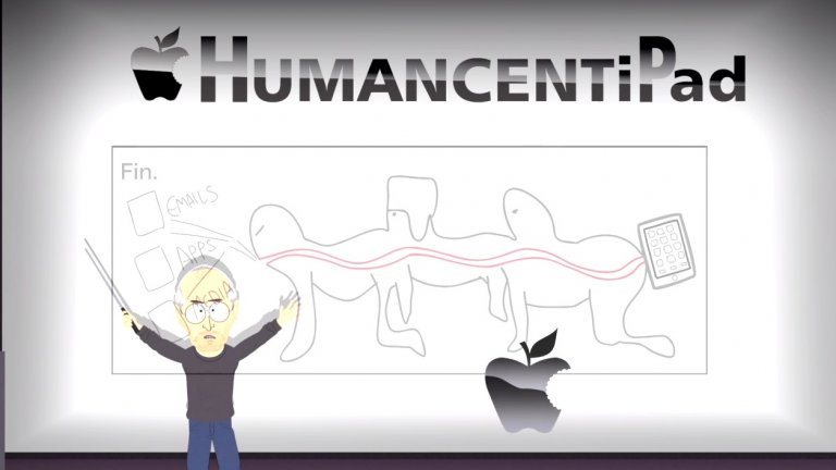 Сезон 15 - HumancentiPadЕпизодът представя революционния нов продукт на Стийв Джобс - iPad, залепен на челото на първия човек от своеобразна „човешка гъсеница“ от трима, в средата на която се пада злощастният Кайл. Момчето пък се озовава там, защото не чете внимателно условията за поверителност и съгласие на iTunes. И ето защо е важно да се чете всичко, дори и текстът с малките буквички…