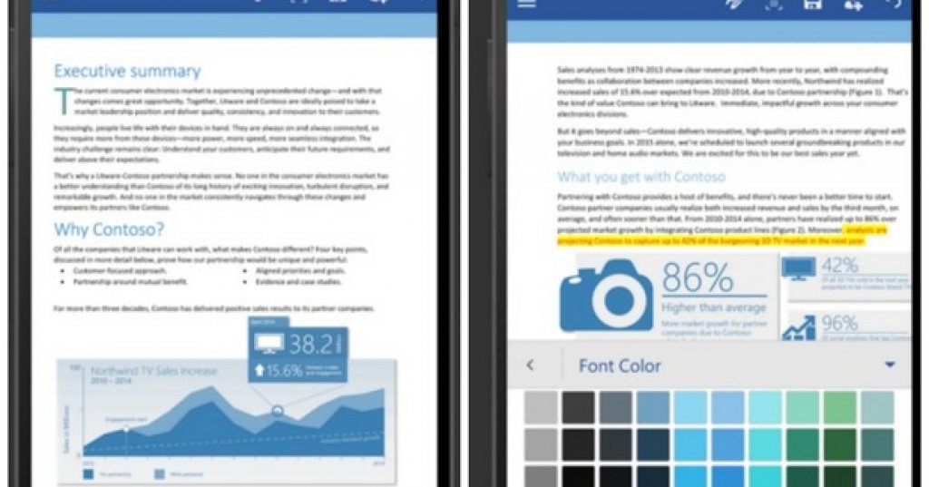 Microsoft Word
Microsoft направи силен мобилен скок под ръководството на Сата Надела. Office пакетът работи на тъчскрийн, а през тези година пристигна и за Android. С Microsoft Word можете лесно да създавате и редактирате документи през телефона или таблета, независимо дали си плащате за Office 365 или не.