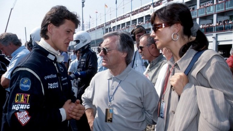 Септември 1991: Михаел заедно с Бърни Екълстоун и бившата му съпруга Славица