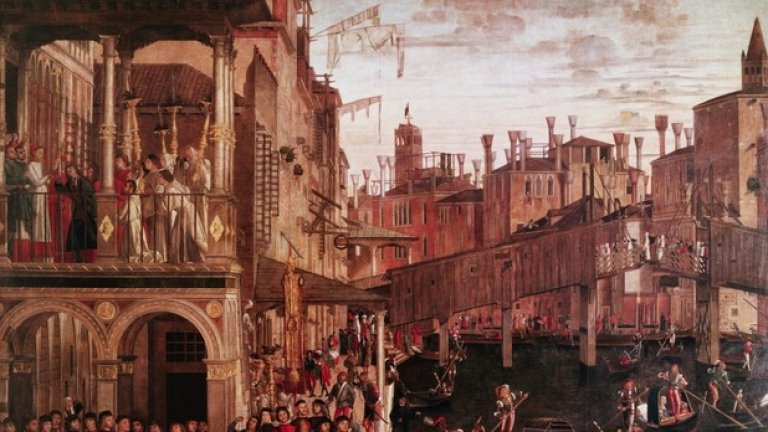 1. Виторе Карпачо, "Излекуването на обладания от духове в Риалто" (1496)
Тази картина на ежедневния живот във Венеция през XV век разкрива как са били разбирани и третирани психичните заболявания в Средновековието. Понякога тя е наричана "Излекуването на безумеца", но "обладан" е по-близо до съвременните идеи за съзнанието. Защото човекът, излекуван по чудо от свещеник насред човешката драма на моста Риалто, е обзет от демони. Неговото страдание не е нито медицински, нито социален проблем, а религиозно изживяване.