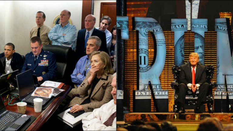 2011

Вляво: Хилъри Клинтън, президента Барак Обама, вицепрезидентът Джо Байдън и 
хора от секретните служби са информирани за мисията по ликвидирането на Осама Бин Ладен, в Белия дом. Вдясно: Доналд Тръмп в шоу по телевизионния канал Comedy Сentral