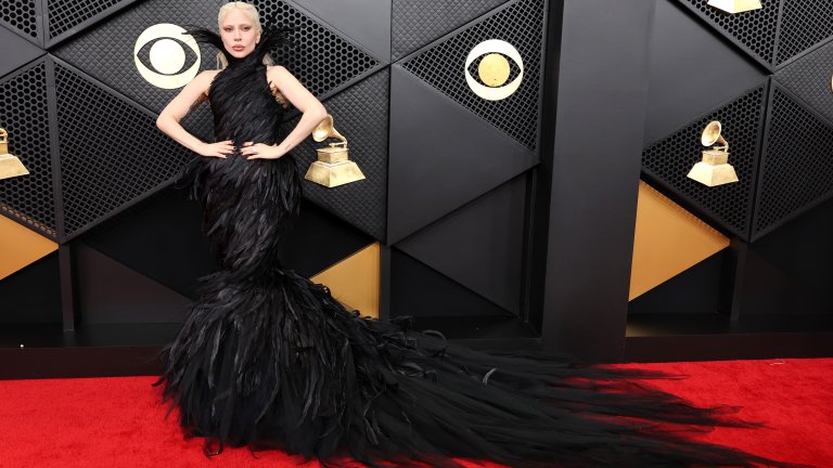 Лейди ГагаЛейди Гага предпочете дълга драматична рокля с пера и висока яка. Малко ала Мортиша Адамс, малко ала Гарванът. В интерес на истината сме я виждали и в по-интересни рокли през годините.