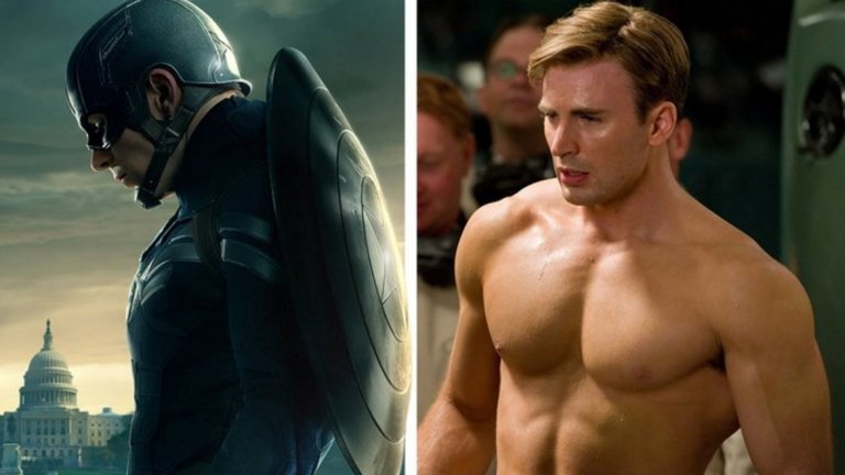 Крис Еванс - Капитан Америка (Captain America, 2011)

Еванс е един от актьорите, които обича да поддържа добра форма и без да се налага. Когато обаче получава ролята на Капитан Америка, се принуждава да даде всичко от себе си, за да натрупа мускулна маса много бързо. Решението е големи тежести с по-малко повторения и работа по всички мускулни групи за балансирана физика за около 2 часа на ден. Както казва той през смях: "Имам чувството, че и пръстите на краката ми се уголемиха по време на тренировките".