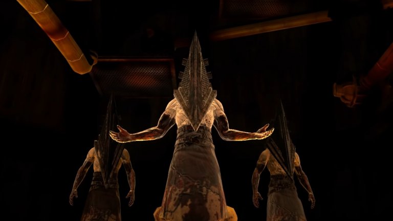 Pyramid Head (Silent Hill)>
Silent Hill реално представлява едно интроспективно пътешествие и борба с вътрешните демони. Истинската опасност обаче бива олицетворена по гротескен начин от Pyramid Head. Той се появява спорадично в играта като всеки път брутализира всичко пред себе си по плашещо зловещ начин, което го превръща и в символ на цялата поредица.