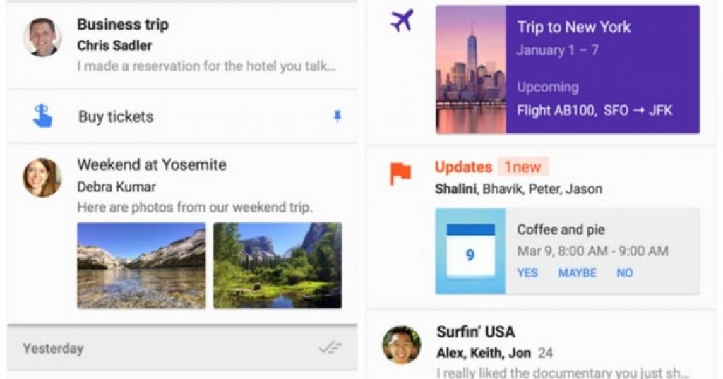 Inbox
Отново приложение на Google – този път от компанията ни изненадаха с напълно нов мейл клиент за телефона ви, направен от екипа зад Gmail. Целта на приложението е да направи пощата ви по-умна и лесна за организиране – и в един или друг смисъл – Inbox се справя с поставената задача. Приложението комбинира подобни съобщения заедно, извежда най-важните моменти от текста и добавя допълнителна информация какво трябва да направите. Inbox дори може да напише някои от отговорите на мейли, вместо вас, поне на английски.