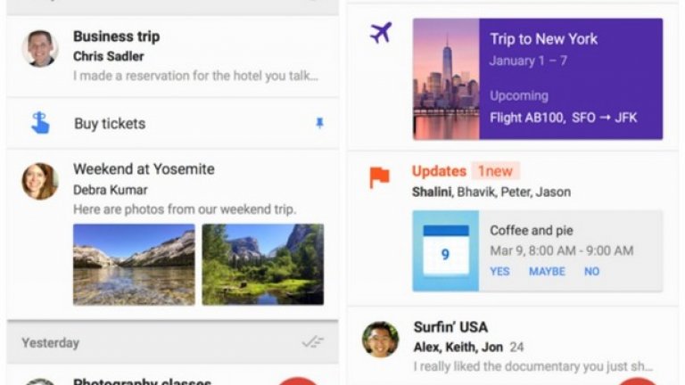 Inbox
Отново приложение на Google – този път от компанията ни изненадаха с напълно нов мейл клиент за телефона ви, направен от екипа зад Gmail. Целта на приложението е да направи пощата ви по-умна и лесна за организиране – и в един или друг смисъл – Inbox се справя с поставената задача. Приложението комбинира подобни съобщения заедно, извежда най-важните моменти от текста и добавя допълнителна информация какво трябва да направите. Inbox дори може да напише някои от отговорите на мейли, вместо вас, поне на английски.