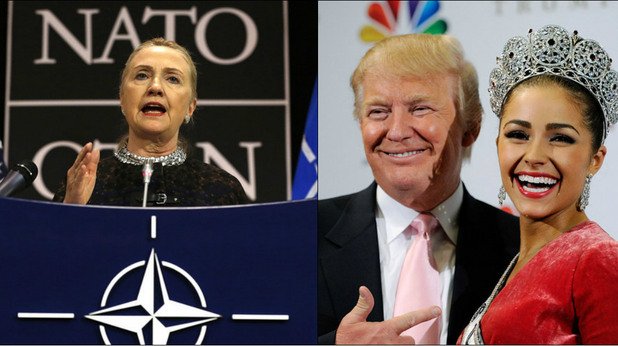 2012

Вляво - Клинтън дава пресконференция по време на срещата на външните министри на НАТО в Брюксел. Вдясно: Тръмп позира с победителката по време на конкурс по красота в Лас Вегас, Невада