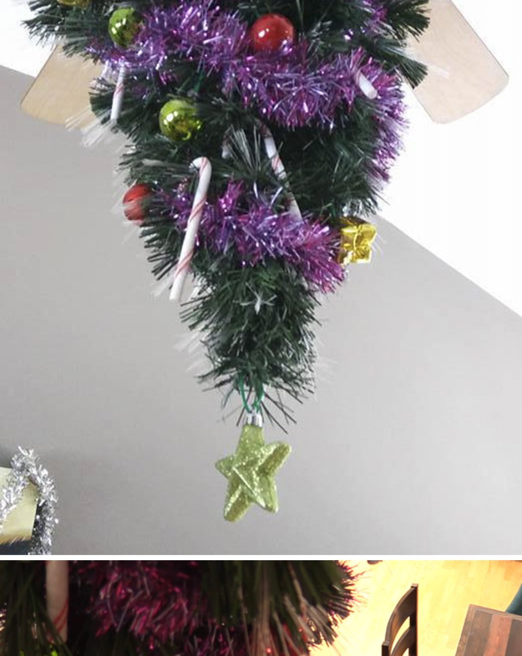 Доста оригинално интериорно решение да монтираш елхата на тавана. Котката определено е разочарована, но и мотивирана да я стигне