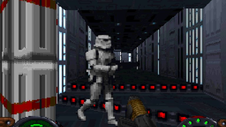 Star Wars: Dark Forces

Star Wars: Dark Forces е шутър от първо лице, разработен и издаден от LucasArts като част от серията Star Wars: Jedi Knight. Той излиза през 1995 г. за DOS и Macintosh, а година по-късно е портнат за PlayStation. Докато конзолната версия е критикувана за посредствена графика и лоша оптимизация, РС оригиналът получава много високи оценки и похвали за дизайна на нивата и технологичните си аспекти. Dark Forces използва енджина Jedi, създаден специално за нея. Той добавя функции като нива с няколко етажа и възможността да гледате нагоре и надолу, които са непознати дотогава във FPS жанра. Медиите от онова време сочат Dark Forces като естествената еволюция на Doom и триумф не само за феновете на прочутата вселена, но и на гейминга изобщо.