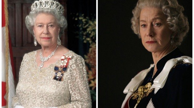 Кралица Елизабет II и Хелън Мирън, "Кралицата"

През 2005 г. Хелън Мирън изиграва  кралица Елизабет І в едноименен телевизионния филм, но превъплъщението й в нейната дъщеря Елизабет ІІ в „Кралицата” (2006) съвсем заслужено й донесе „Оскар”.