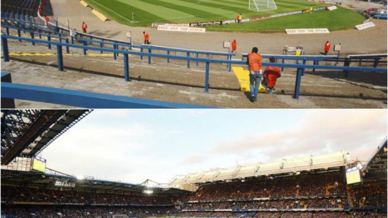 Челси ("Стамфорд Бридж")
Стадионът на Челси отпреди 25 години е неузнаваем. На горната снимка се вижда триетажната източната трибуна, строителството на която едва не докарва клуба до фалит. В днешно време Роман Абрамович и компания нямат подобни проблеми.