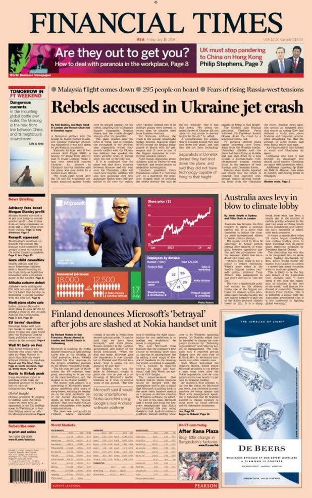 "Бунтовници обвинени за самолетната катастрофа в Украйна"  Financial Times
