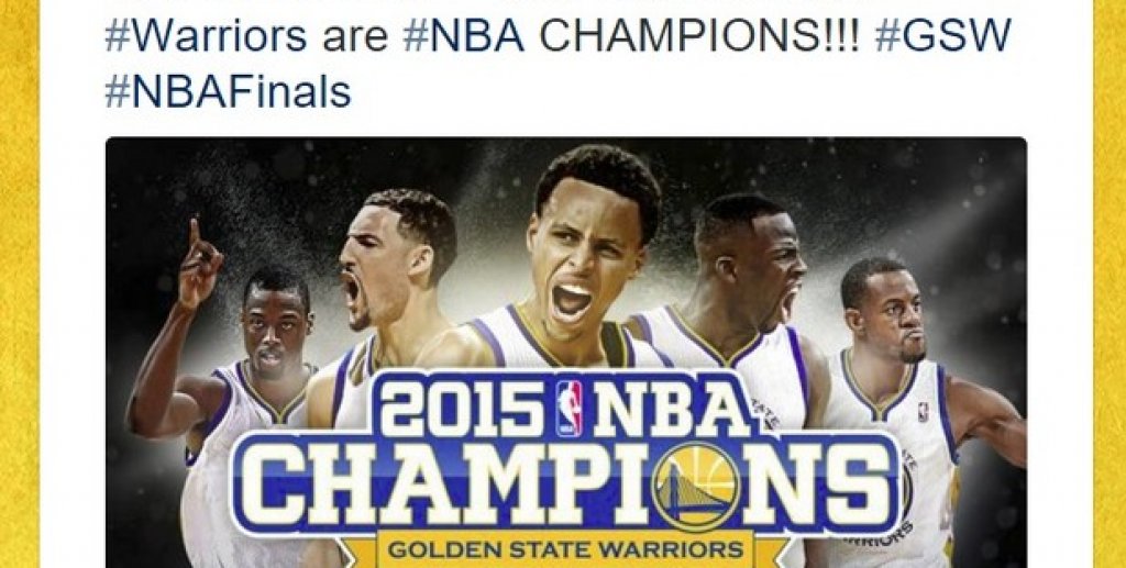 №5. Финалната серия в НБА
Продължителност: 6 мача
Преглеждания: 7,6 милиарда
На 17 юни Голдън Стейт Уориърс устрои празник за феновете си, като сломи Кливланд за титлата в НБА. Клубът бе поздравен в Туитър дори от президента Барак Обама. 