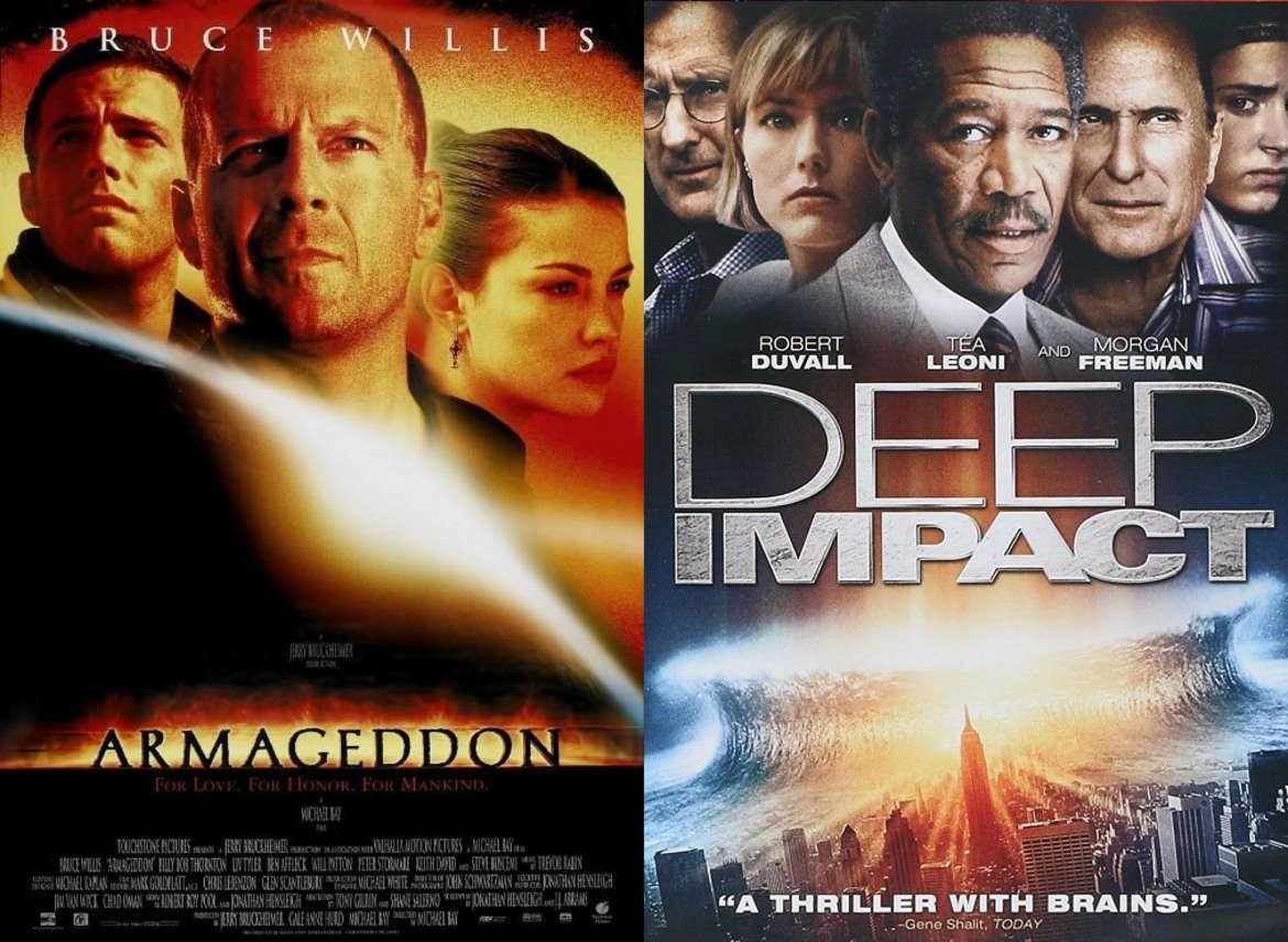Deep Impact и Armageddon
Астероид/комета се насочва към Земята и сблъсъкът би унищожил всичко живо на планетата, а смел екип от космонавти се запътва геройски да отклони скалната маса от пътя й към бруталния сблъсък. Двата филма ги делят само два месеца като Deep Impact с Морган Фрийман, Робърт Дювал и Илайджа Ууд излиза през май 1998 г., а Armageddon с Брус Уилис, Бен Афлек и Лив Тайлър - през юли, същата година.